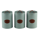 Conjunto de Latas Herméticas Porta Condimentos de Ferro Verde Menta e Tampa com Puxador Couro Sugar Coffee Tea - 3 Peças - Ela Decora